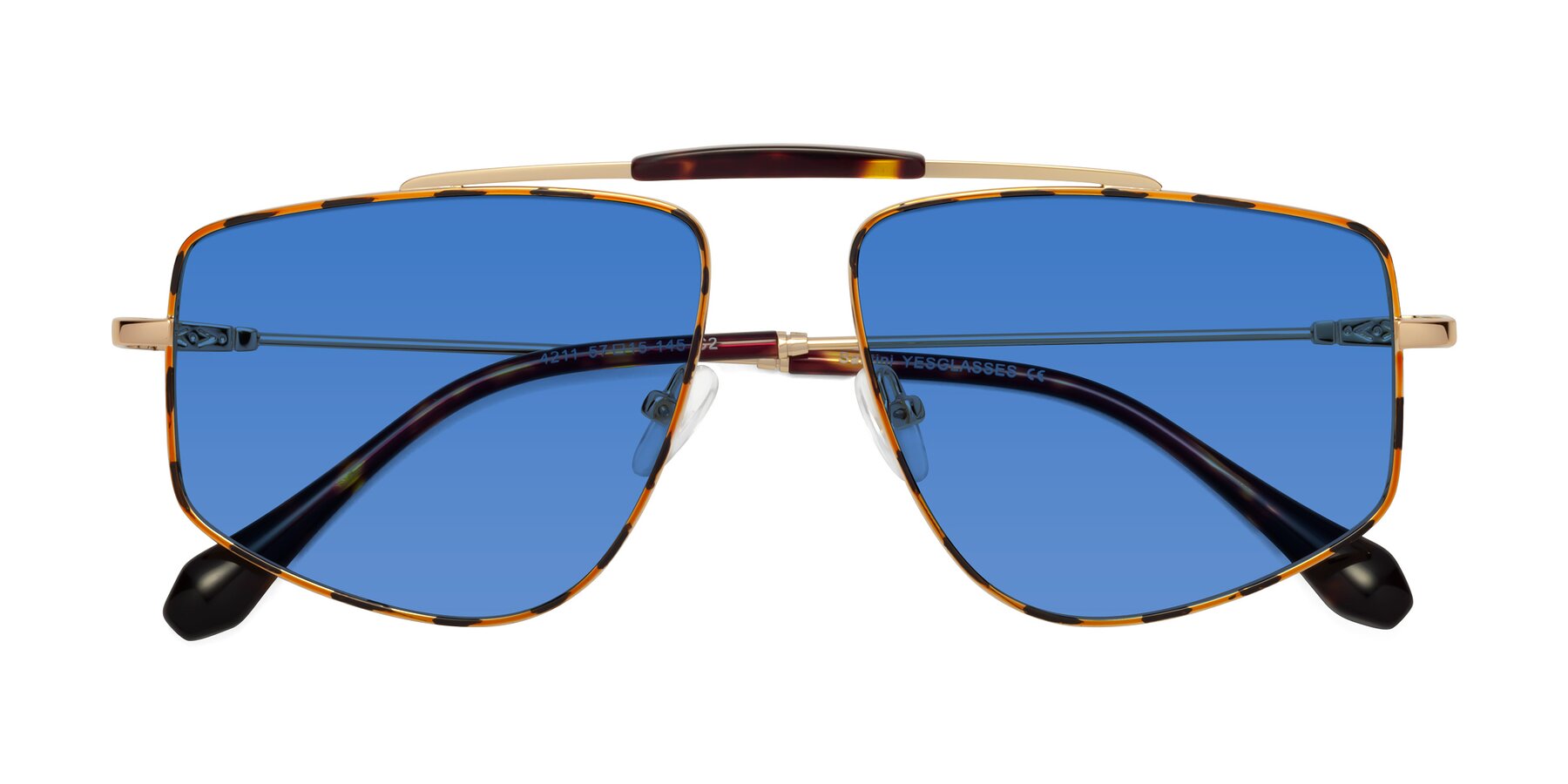 Folded Front of Santini in Leopard-Print-Gold with Blue Tinted Lenses