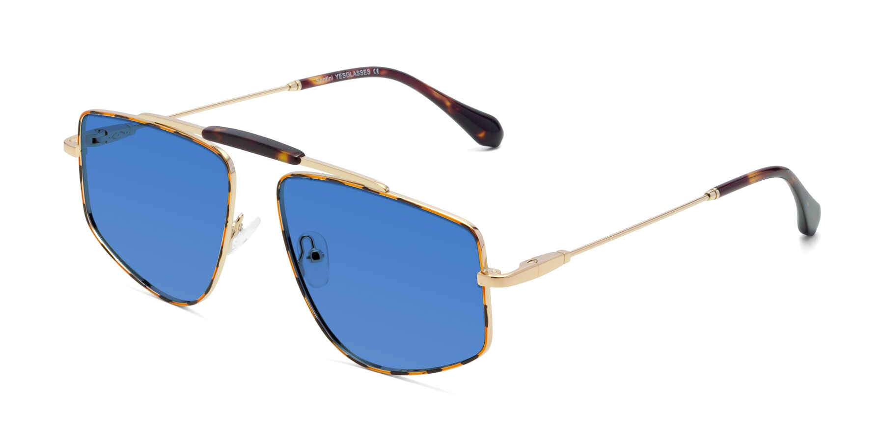 Angle of Santini in Leopard-Print-Gold with Blue Tinted Lenses