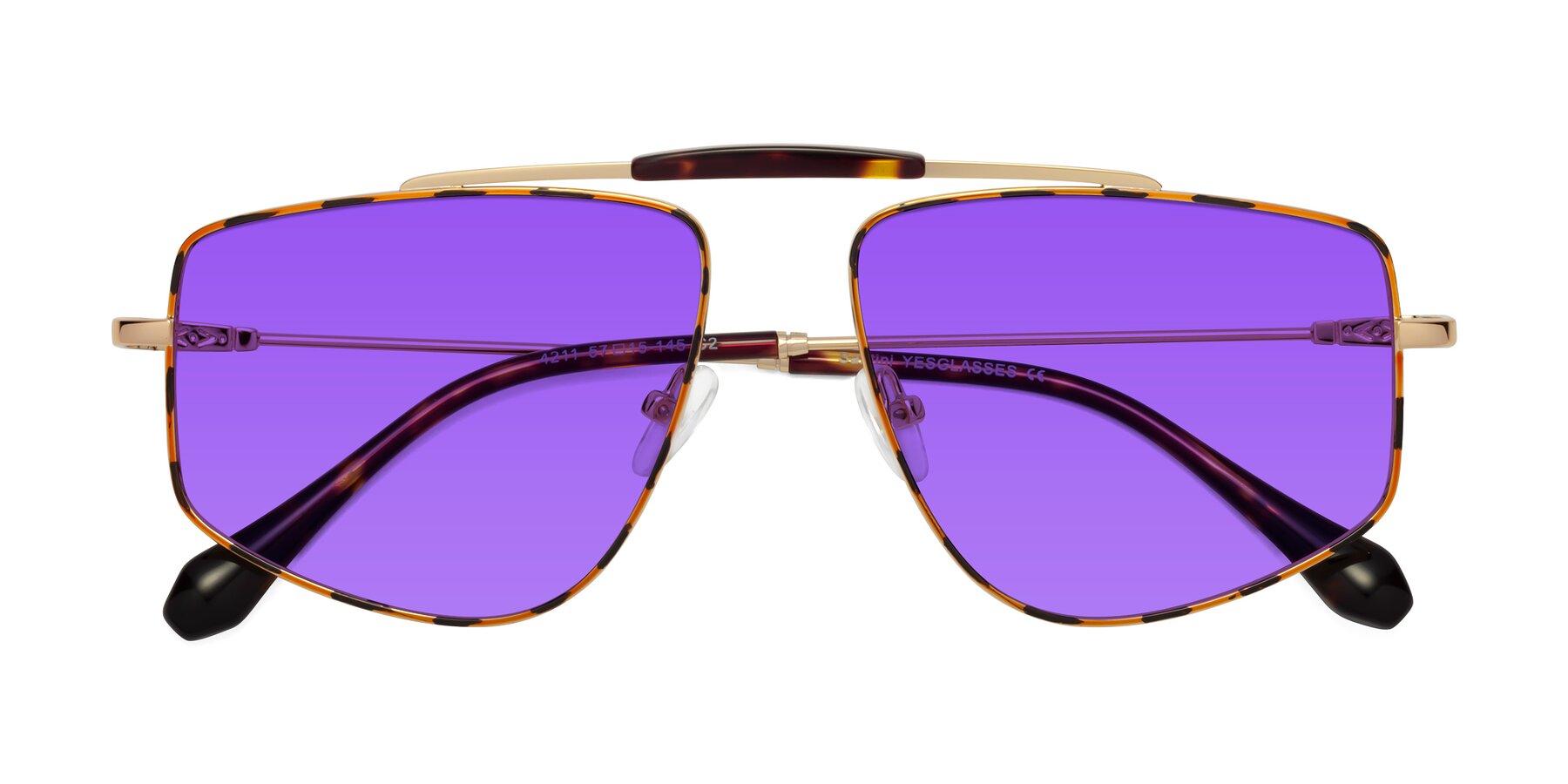 Folded Front of Santini in Leopard-Print-Gold with Purple Tinted Lenses