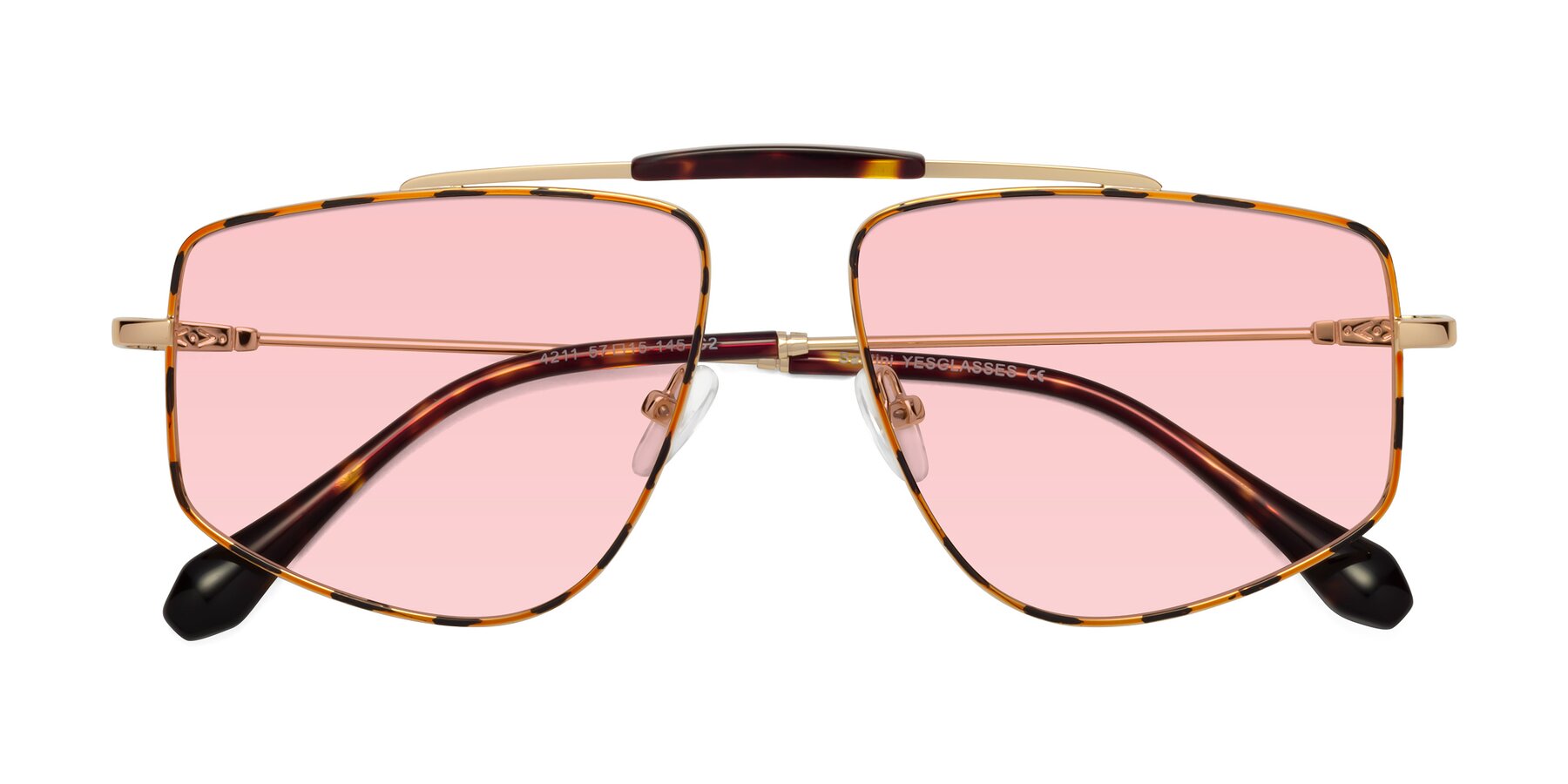 Folded Front of Santini in Leopard-Print-Gold with Light Garnet Tinted Lenses