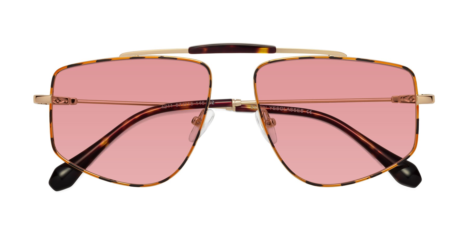 Folded Front of Santini in Leopard-Print-Gold with Medium Garnet Tinted Lenses