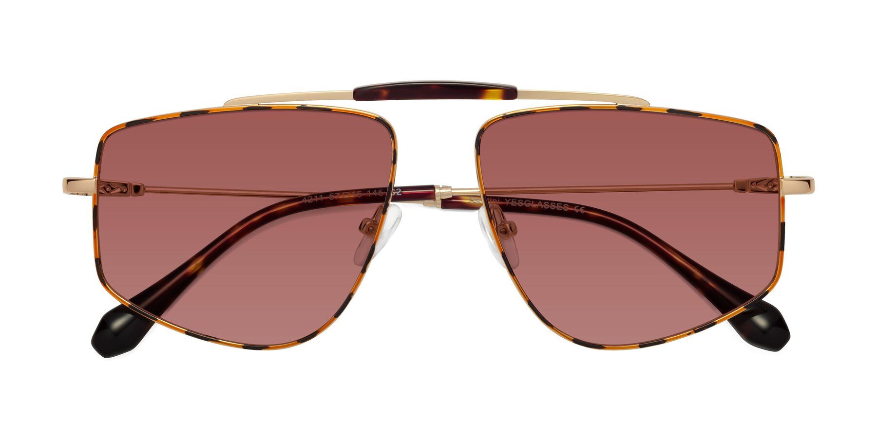 Folded Front of Santini in Leopard-Print-Gold with Garnet Tinted Lenses