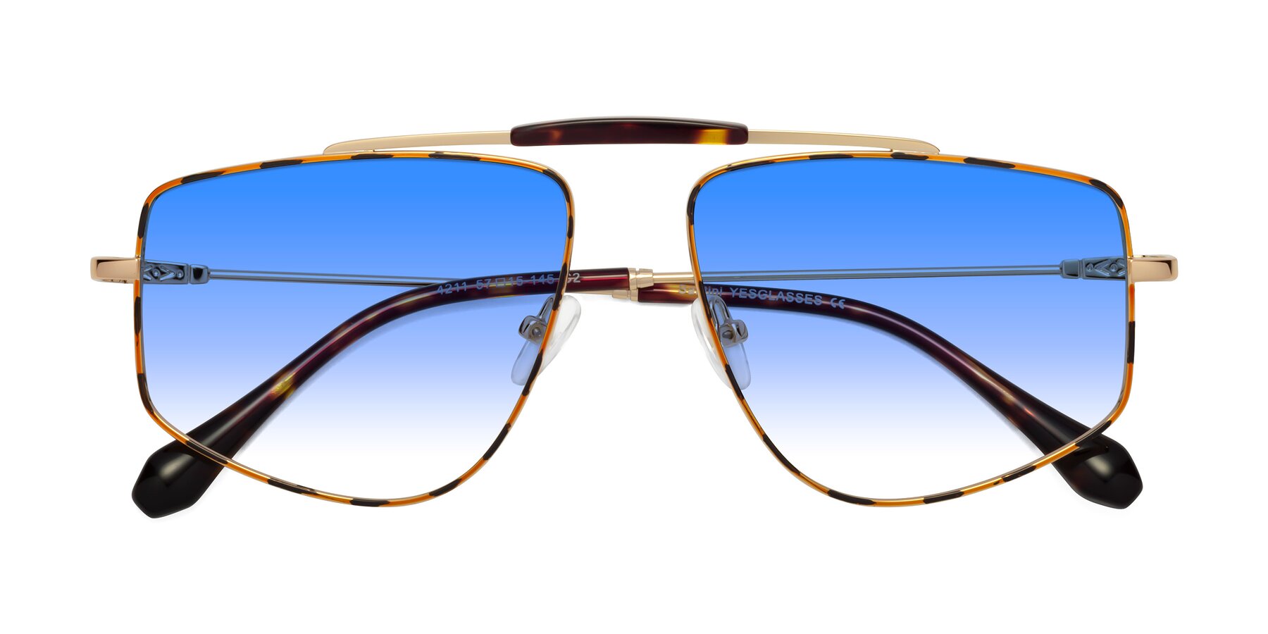 Folded Front of Santini in Leopard-Print-Gold with Blue Gradient Lenses