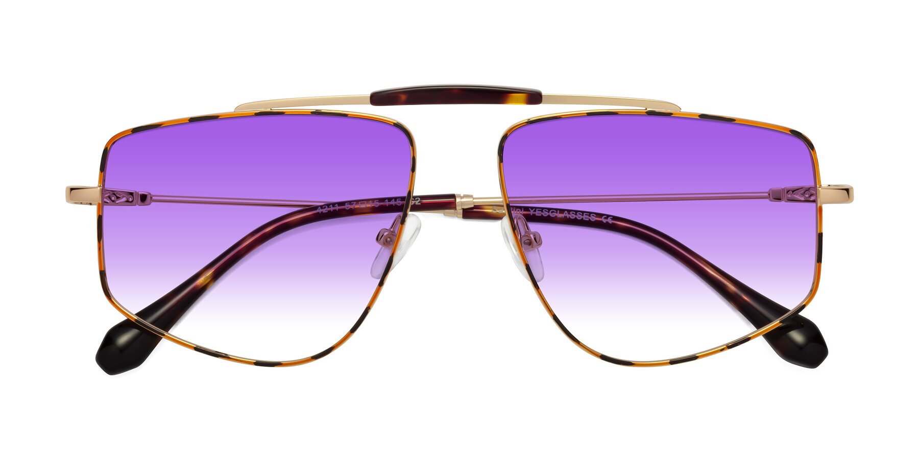 Folded Front of Santini in Leopard-Print-Gold with Purple Gradient Lenses