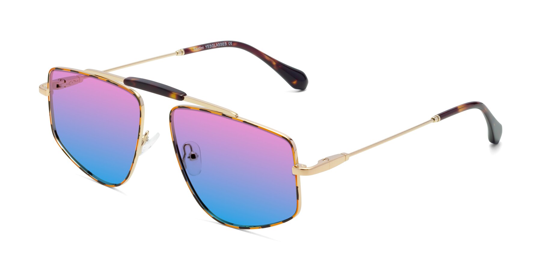 Angle of Santini in Leopard-Print-Gold with Pink / Blue Gradient Lenses