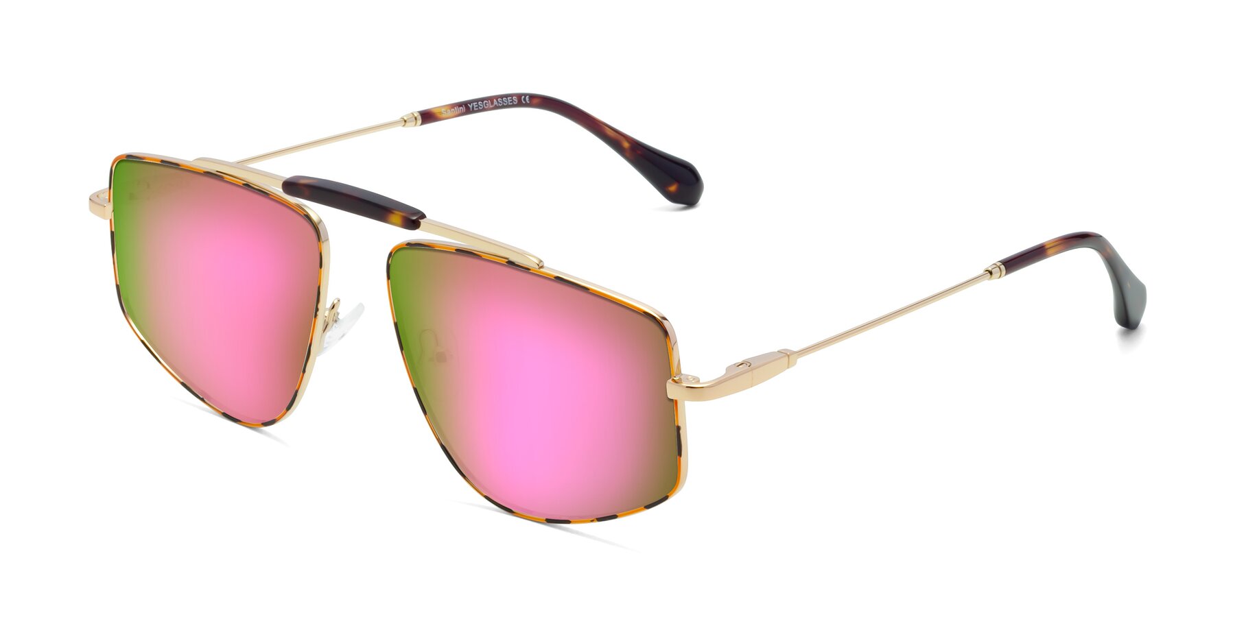 Angle of Santini in Leopard-Print-Gold with Pink Mirrored Lenses