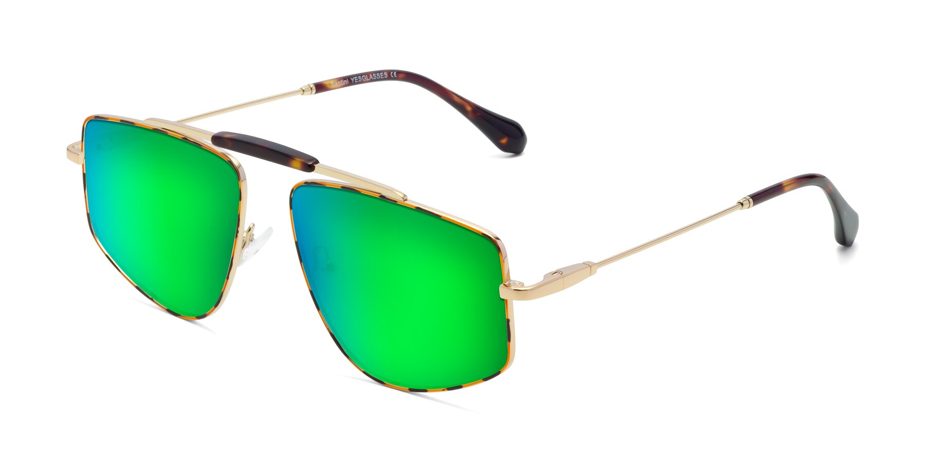 Angle of Santini in Leopard-Print-Gold with Green Mirrored Lenses