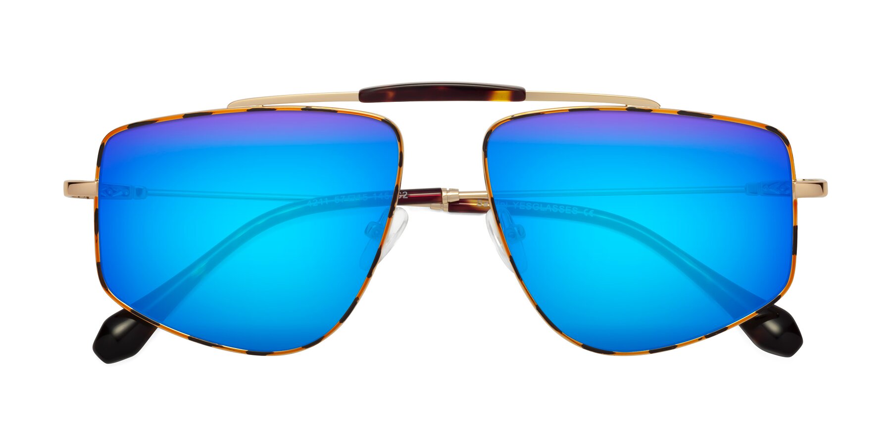 Folded Front of Santini in Leopard-Print-Gold with Blue Mirrored Lenses