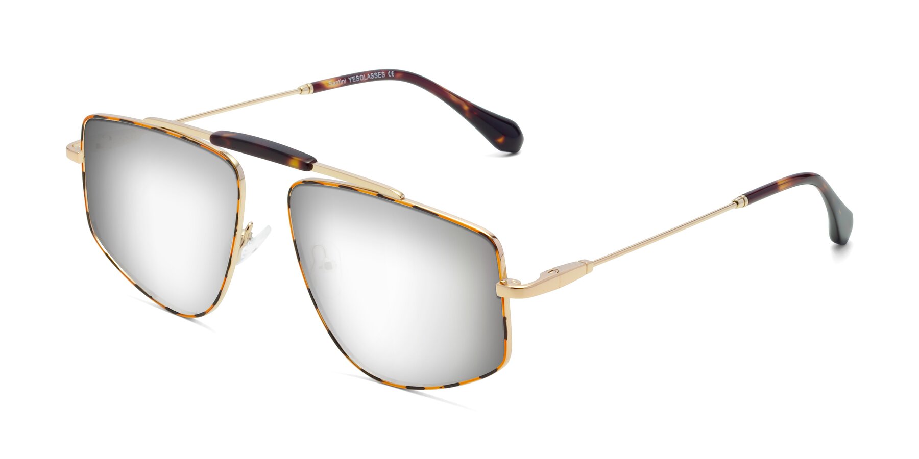 Angle of Santini in Leopard-Print-Gold with Silver Mirrored Lenses