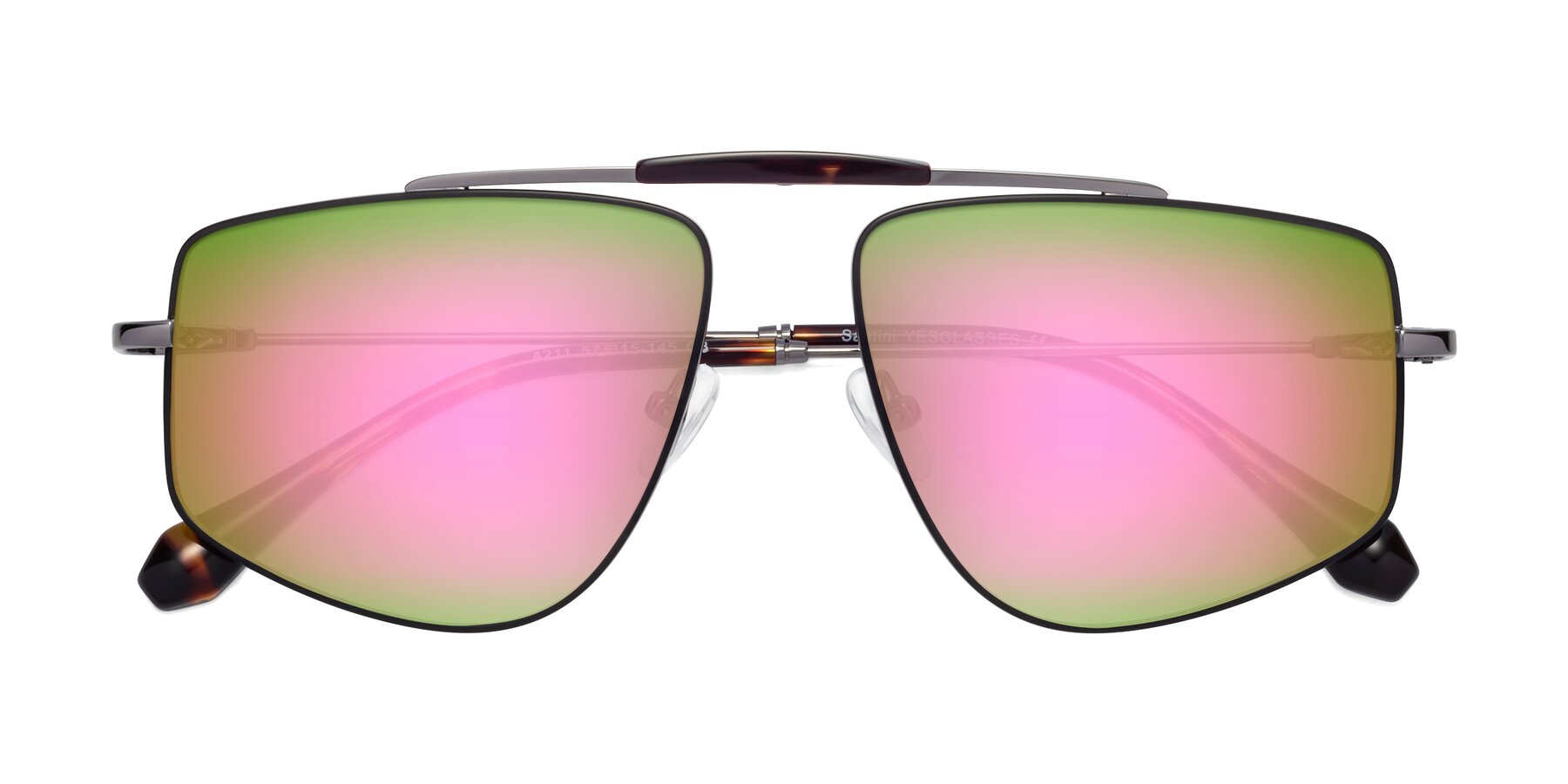 Folded Front of Santini in Black-Gunmetal with Pink Mirrored Lenses