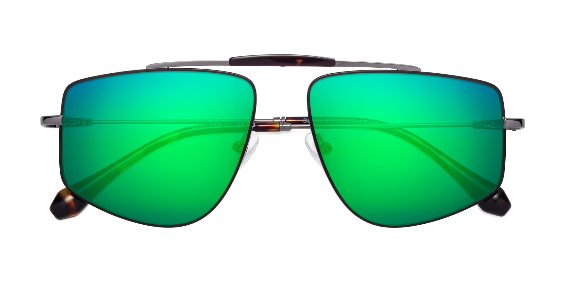 Folded Front of Santini in Black-Gunmetal with Green Mirrored Lenses