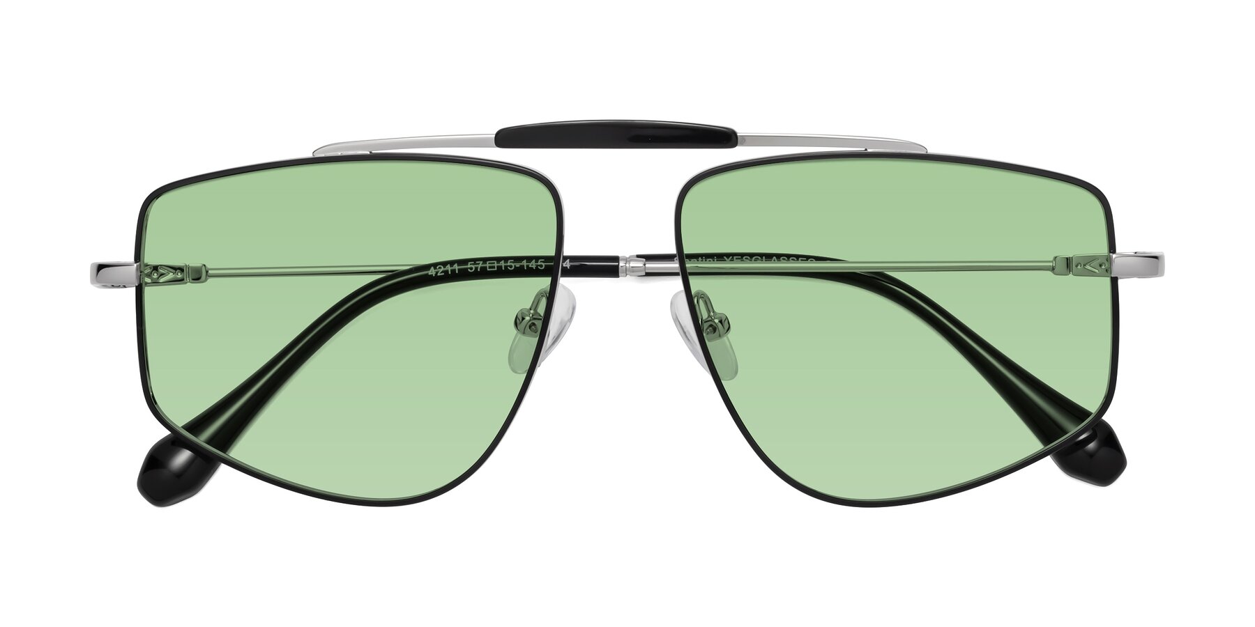 Folded Front of Santini in Black-Silver with Medium Green Tinted Lenses