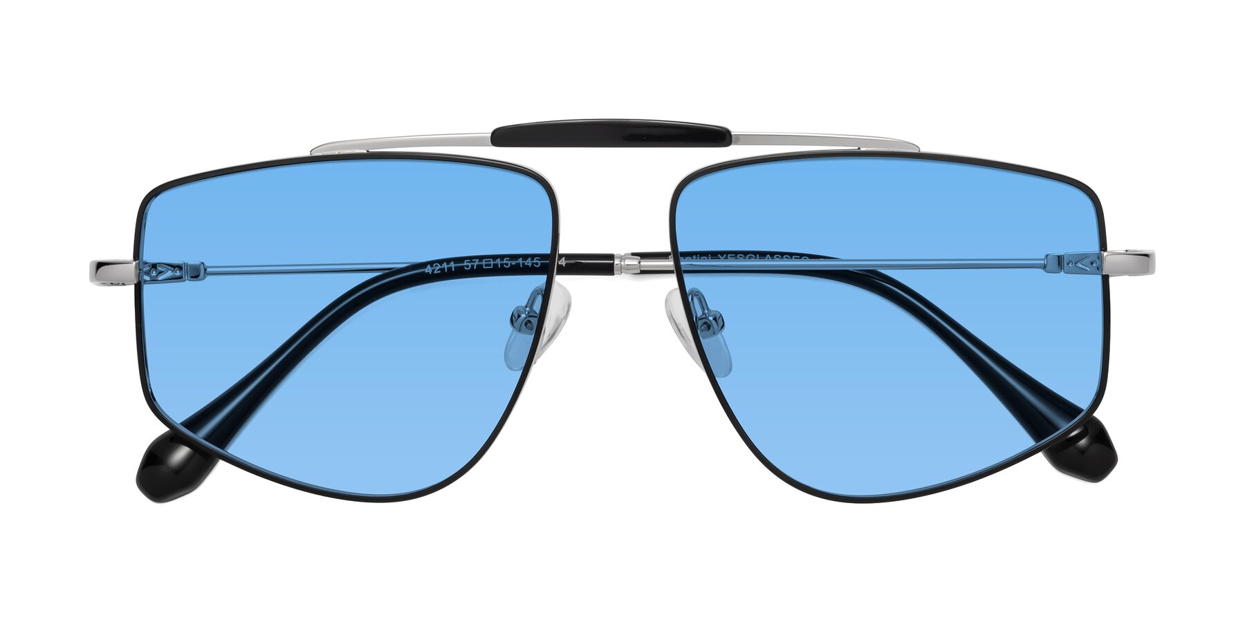 Folded Front of Santini in Black-Silver with Medium Blue Tinted Lenses