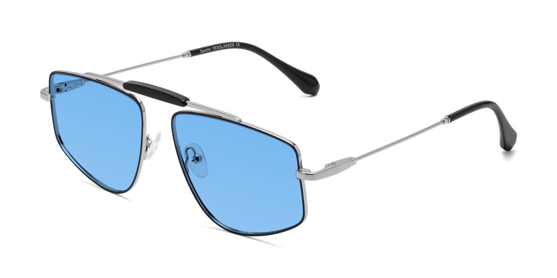 Angle of Santini in Black-Silver with Medium Blue Tinted Lenses