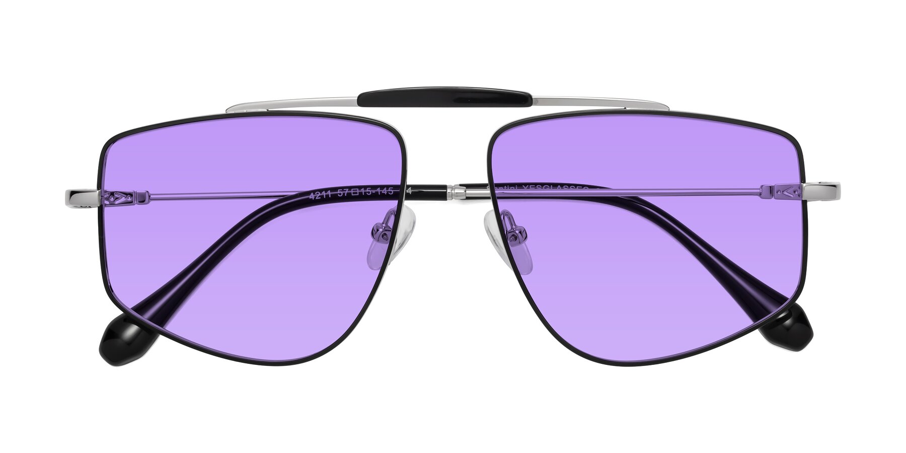 Folded Front of Santini in Black-Silver with Medium Purple Tinted Lenses