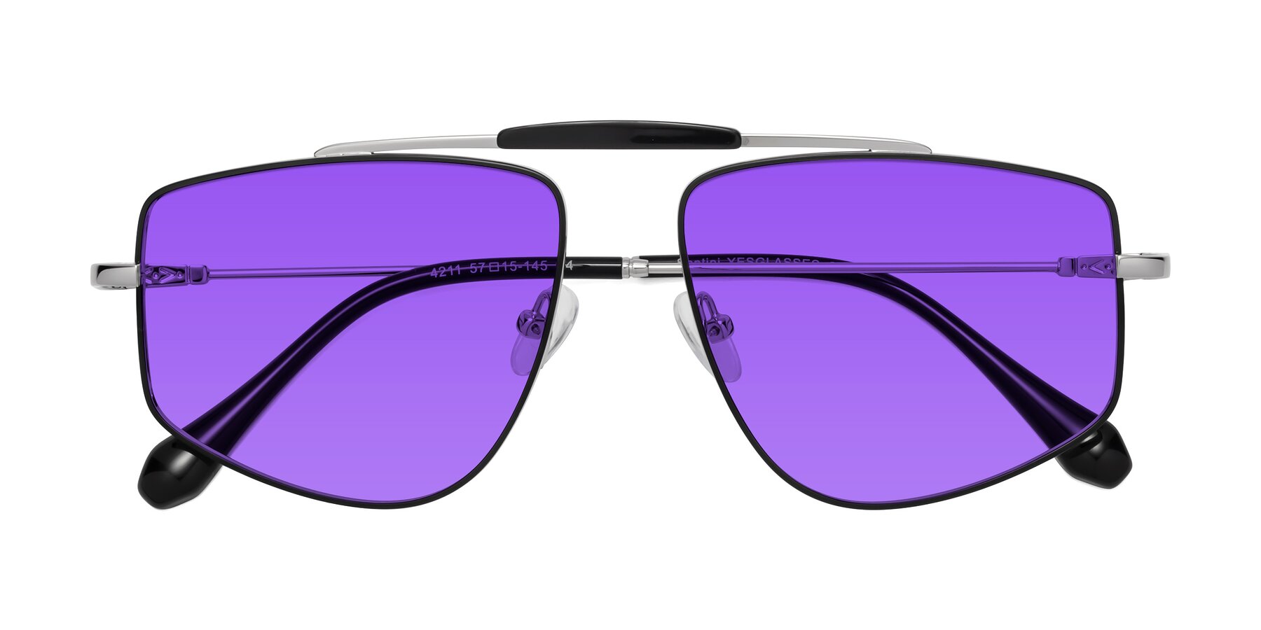 Folded Front of Santini in Black-Silver with Purple Tinted Lenses