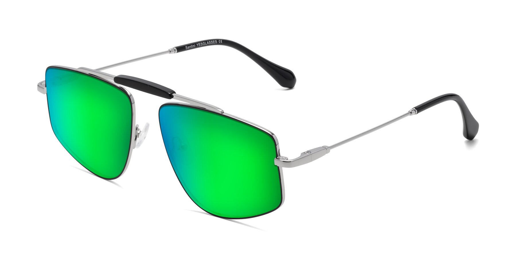 Angle of Santini in Black-Silver with Green Mirrored Lenses