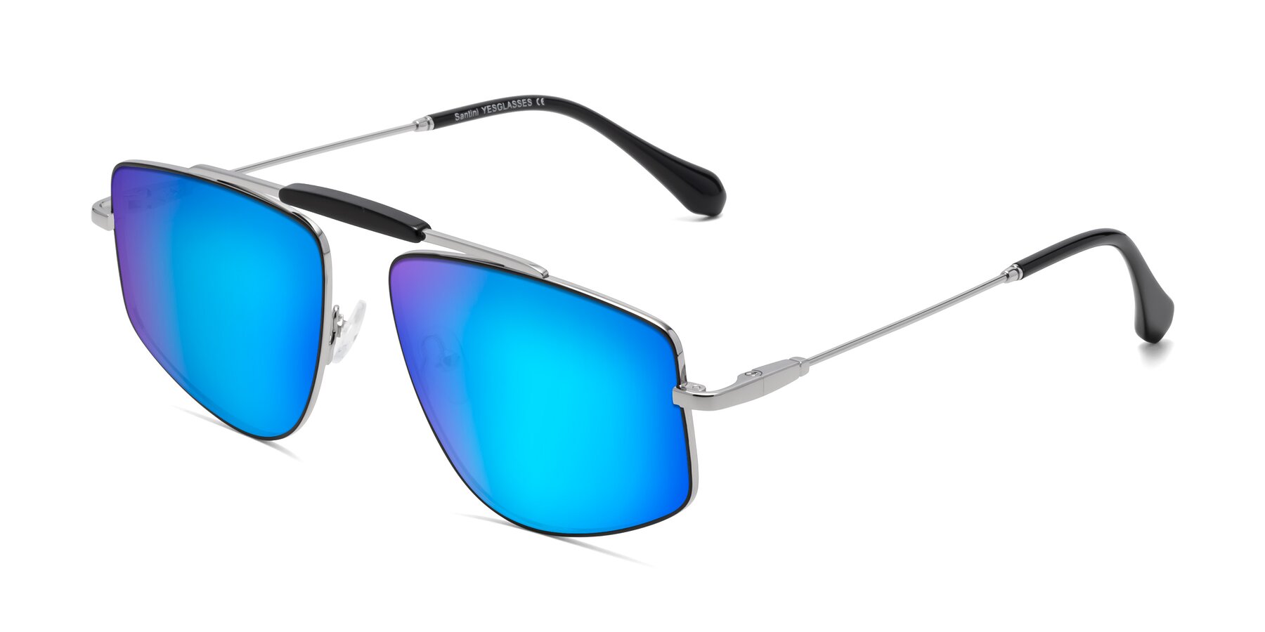 Angle of Santini in Black-Silver with Blue Mirrored Lenses