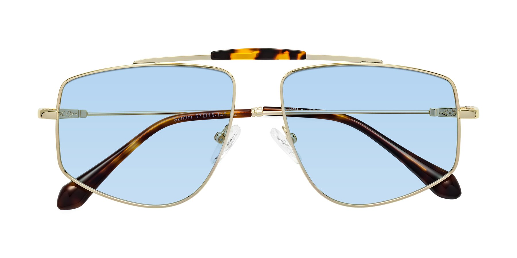 Folded Front of Santini in Gold with Light Blue Tinted Lenses