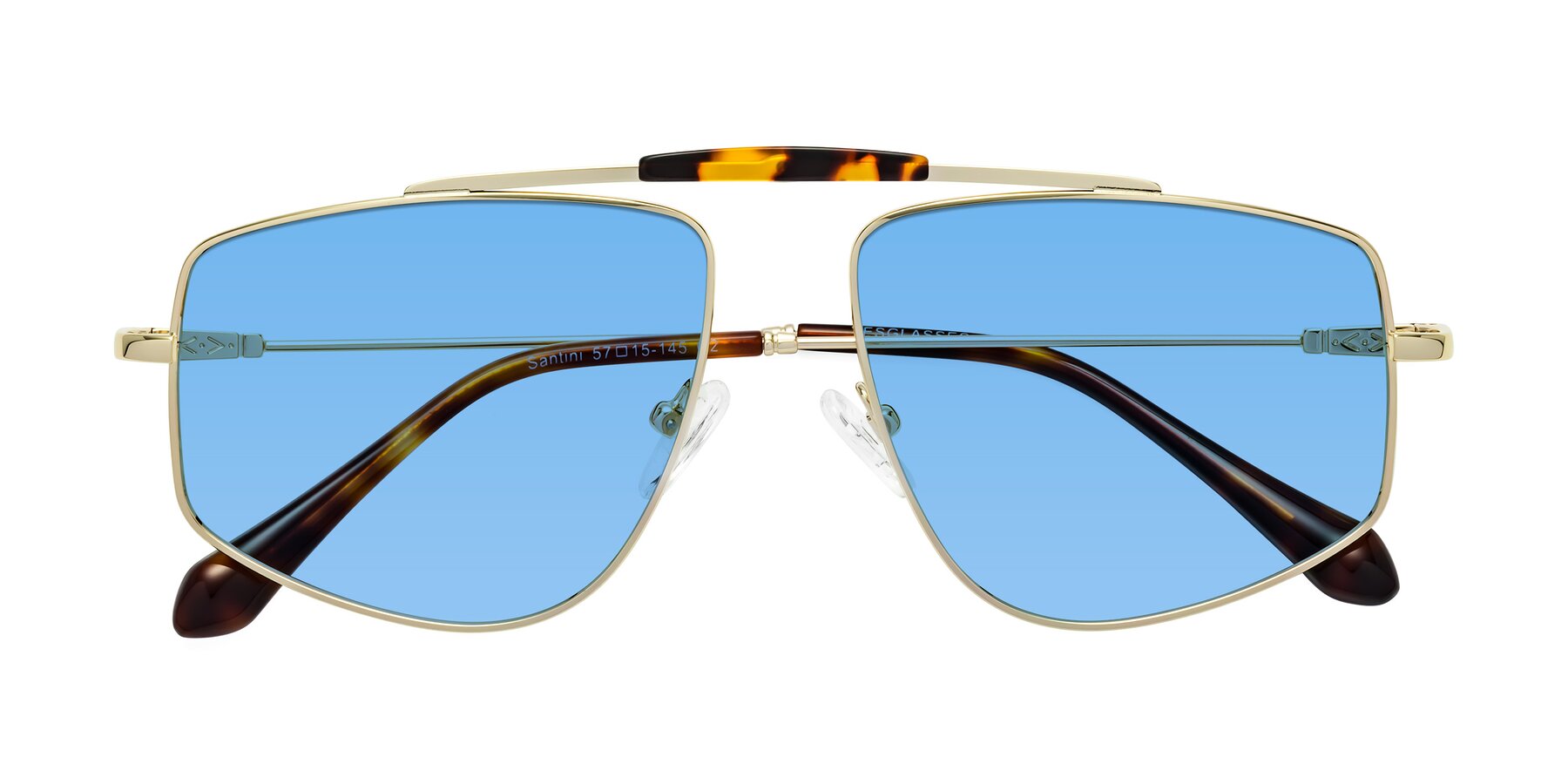 Folded Front of Santini in Gold with Medium Blue Tinted Lenses
