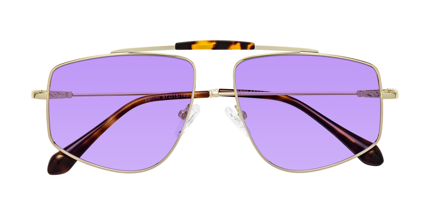 Folded Front of Santini in Gold with Medium Purple Tinted Lenses