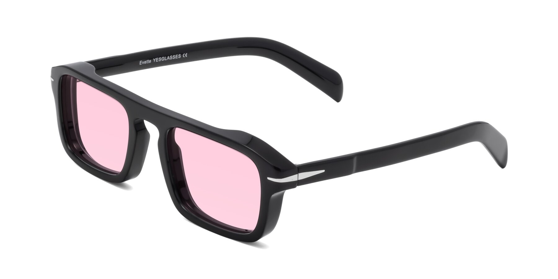 Angle of Evette in Black with Light Pink Tinted Lenses
