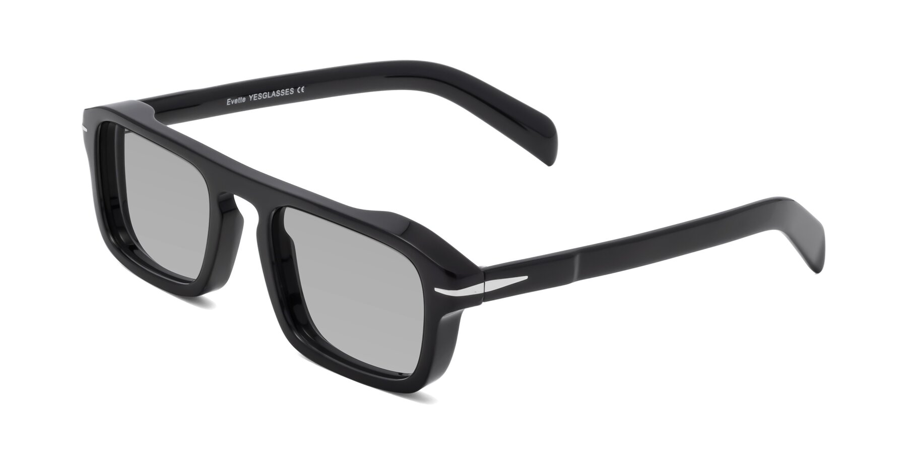 Angle of Evette in Black with Light Gray Tinted Lenses