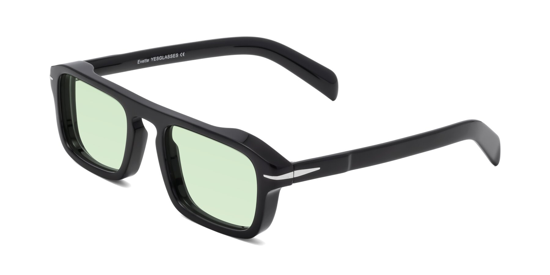 Angle of Evette in Black with Light Green Tinted Lenses
