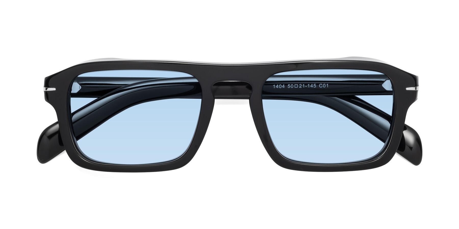 Folded Front of Evette in Black with Light Blue Tinted Lenses