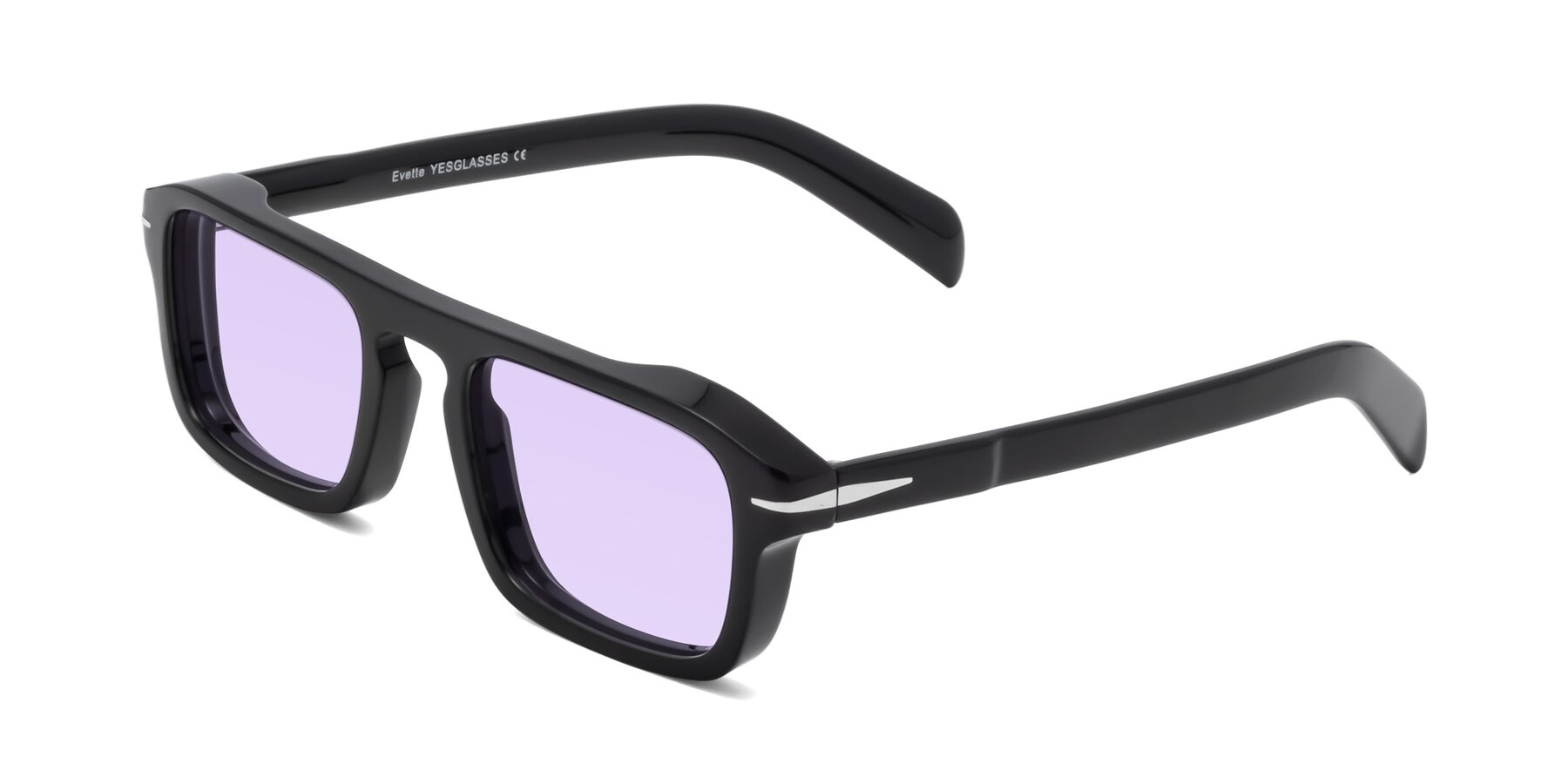Angle of Evette in Black with Light Purple Tinted Lenses