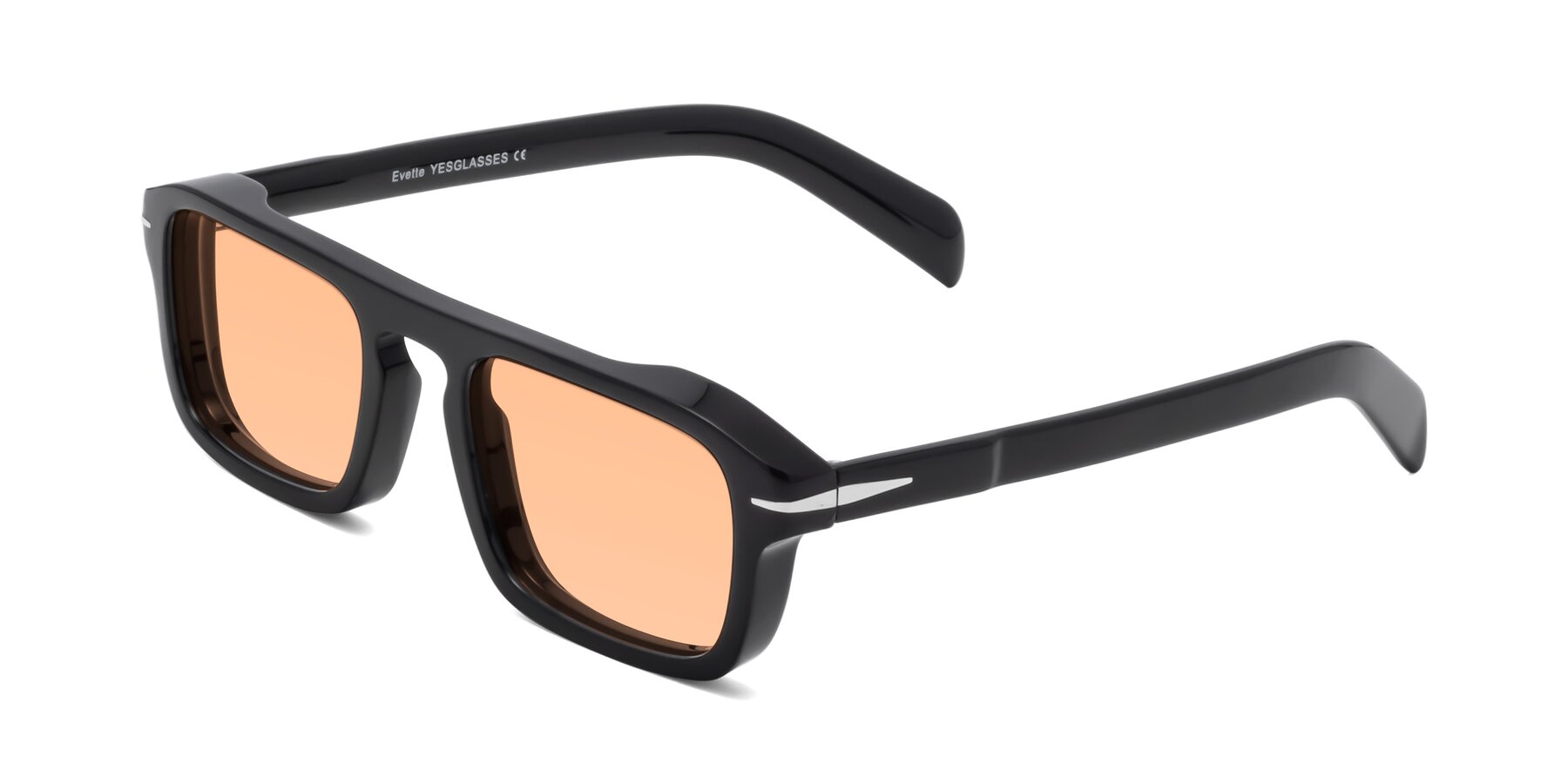 Angle of Evette in Black with Light Orange Tinted Lenses
