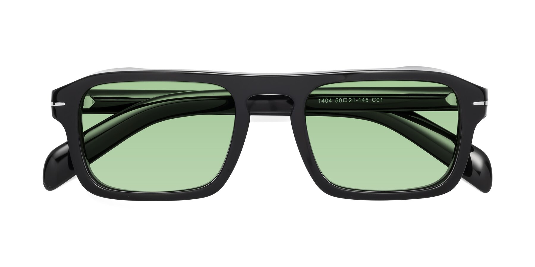 Folded Front of Evette in Black with Medium Green Tinted Lenses