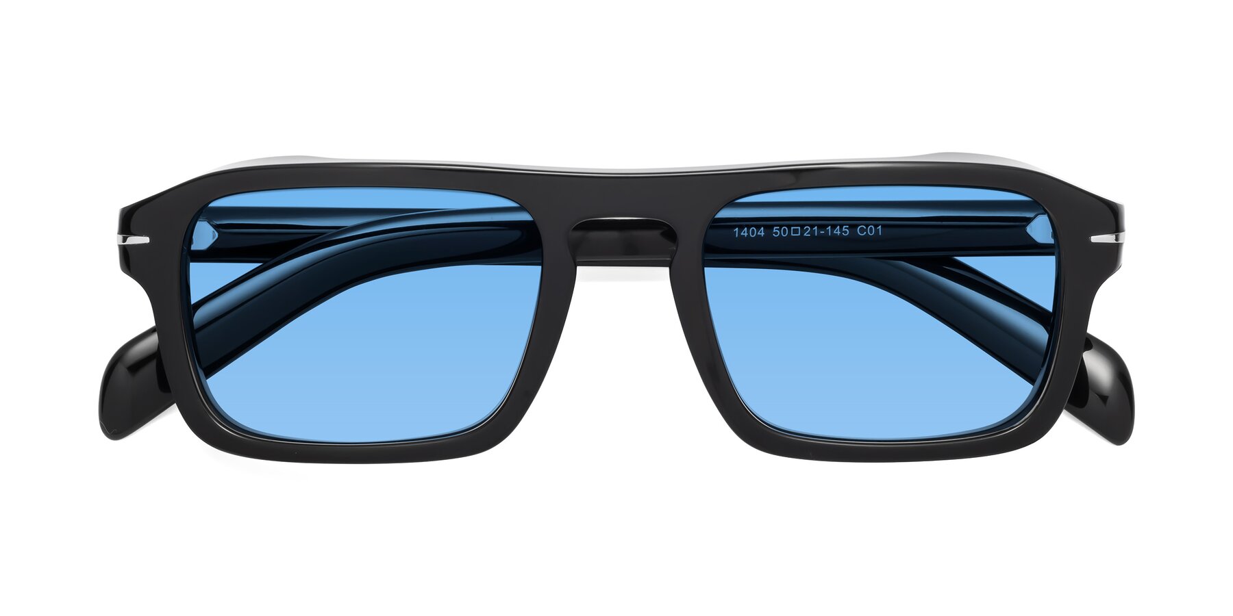 Folded Front of Evette in Black with Medium Blue Tinted Lenses