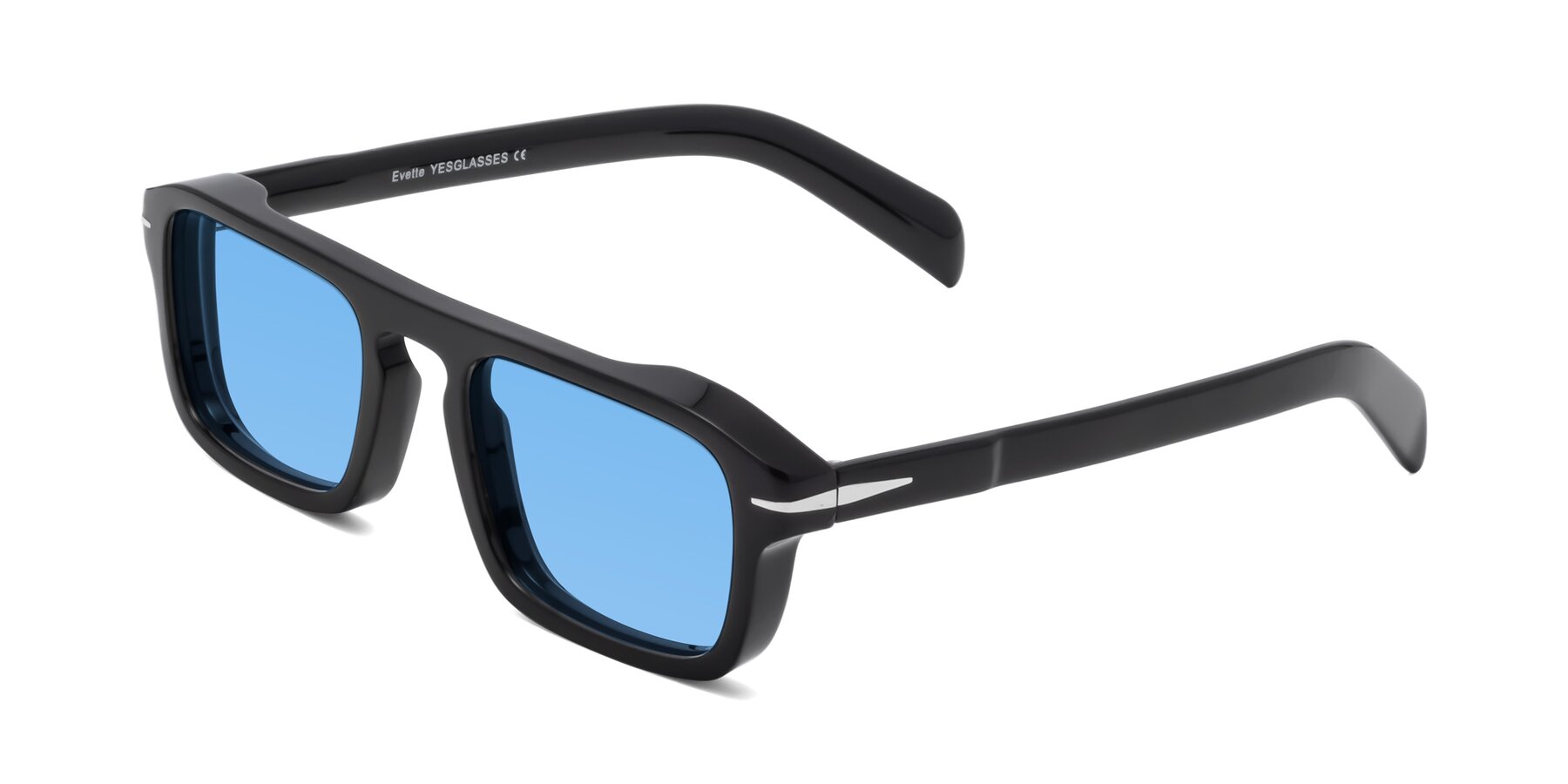 Angle of Evette in Black with Medium Blue Tinted Lenses