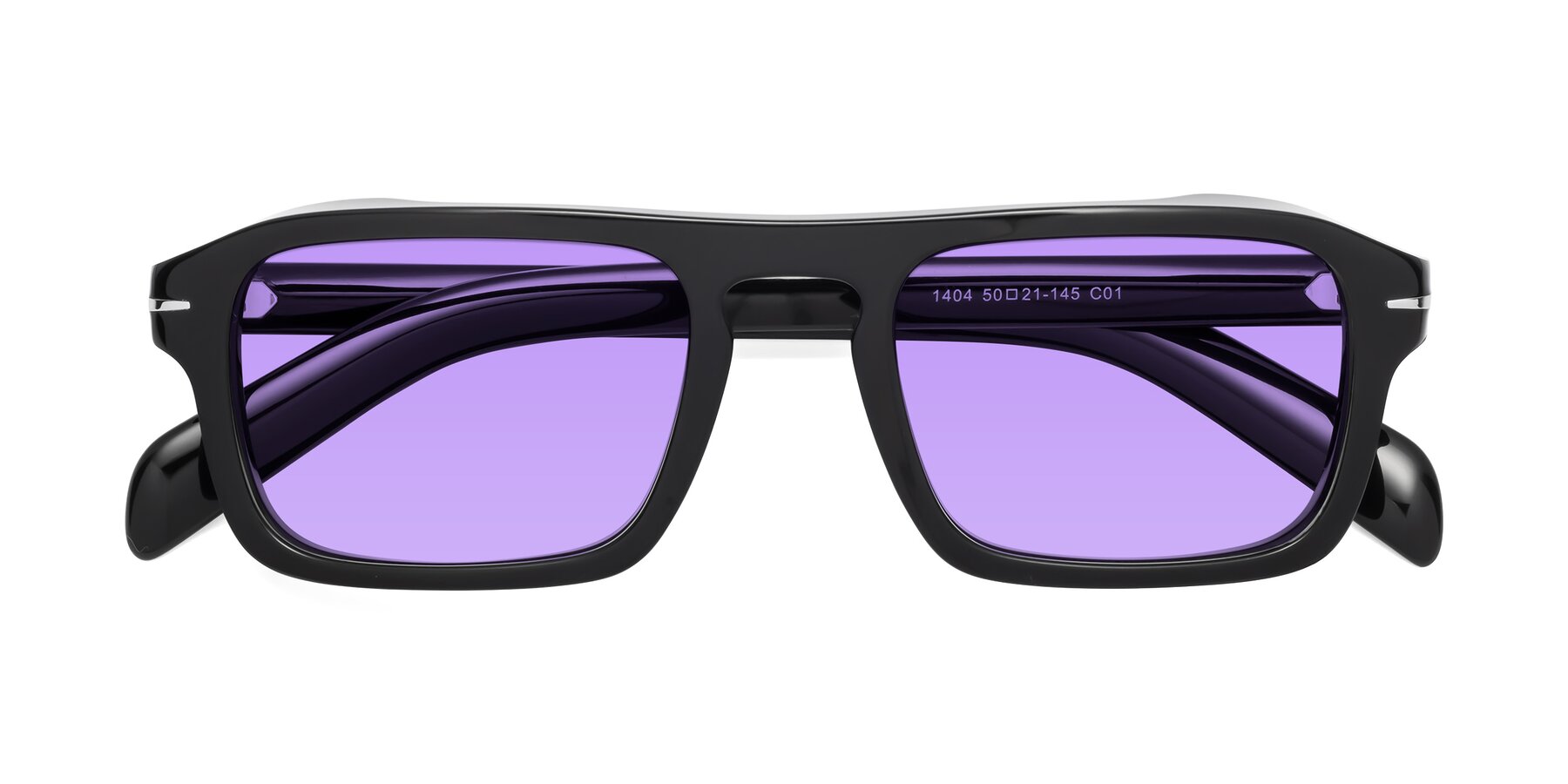 Folded Front of Evette in Black with Medium Purple Tinted Lenses