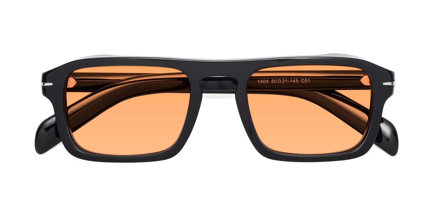 Folded Front of Evette in Black with Medium Orange Tinted Lenses