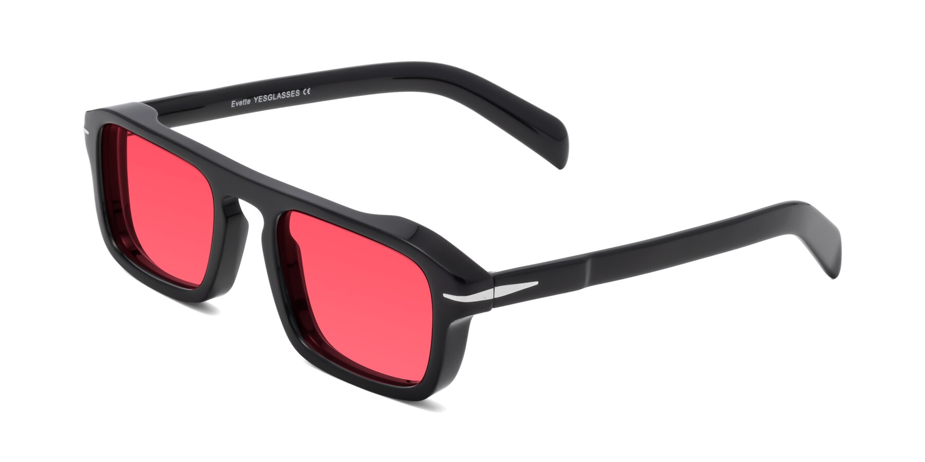 Angle of Evette in Black with Red Tinted Lenses