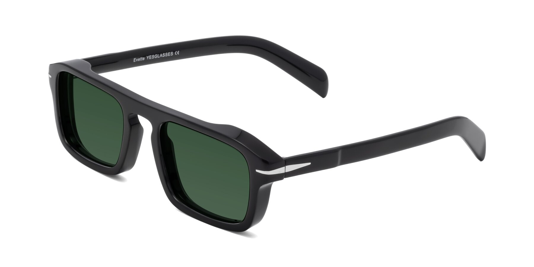 Angle of Evette in Black with Green Tinted Lenses