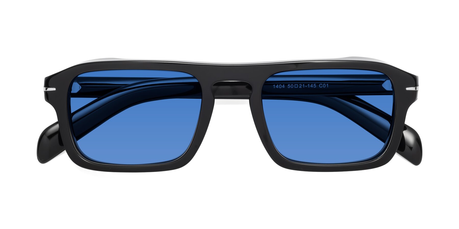 Folded Front of Evette in Black with Blue Tinted Lenses