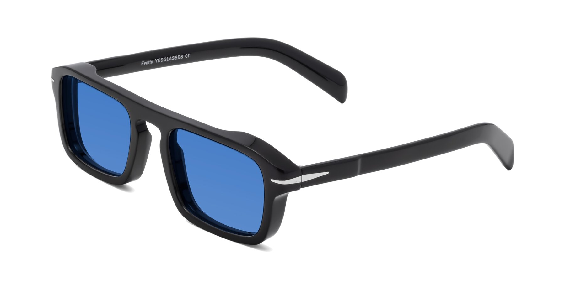 Angle of Evette in Black with Blue Tinted Lenses
