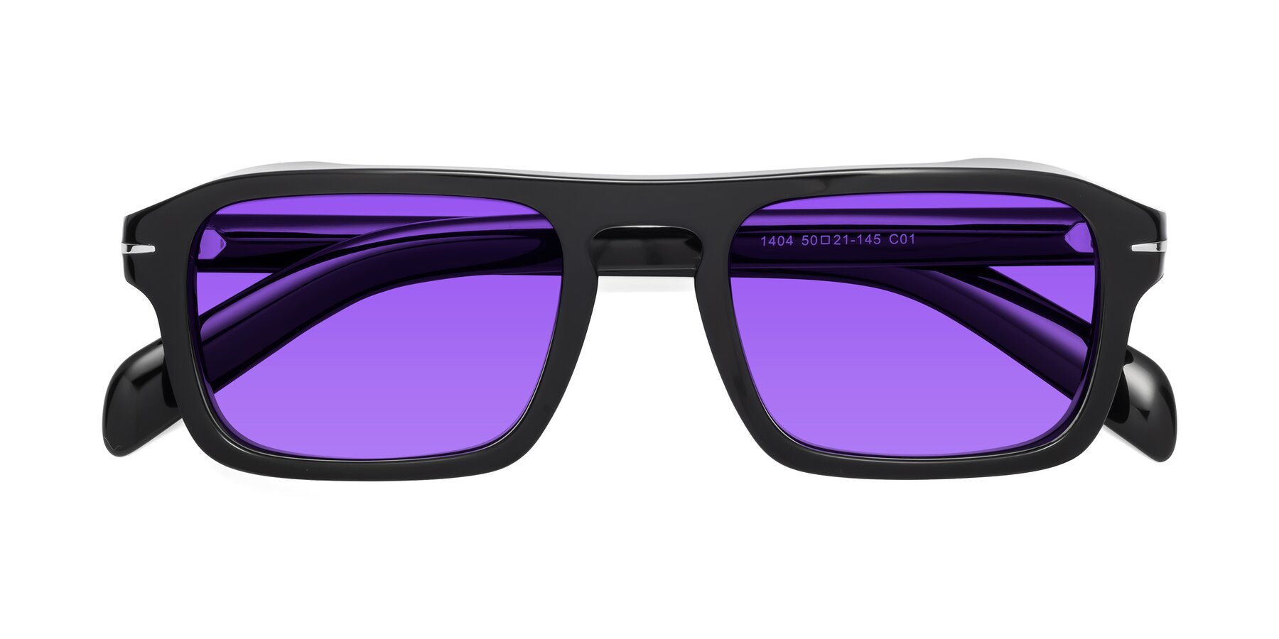 Folded Front of Evette in Black with Purple Tinted Lenses