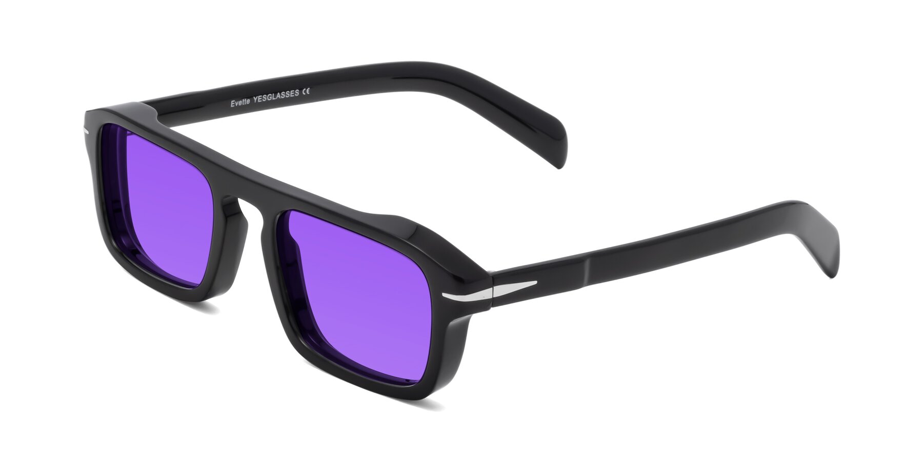 Angle of Evette in Black with Purple Tinted Lenses