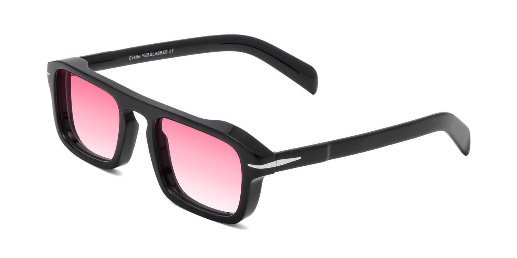 Angle of Evette in Black with Pink Gradient Lenses