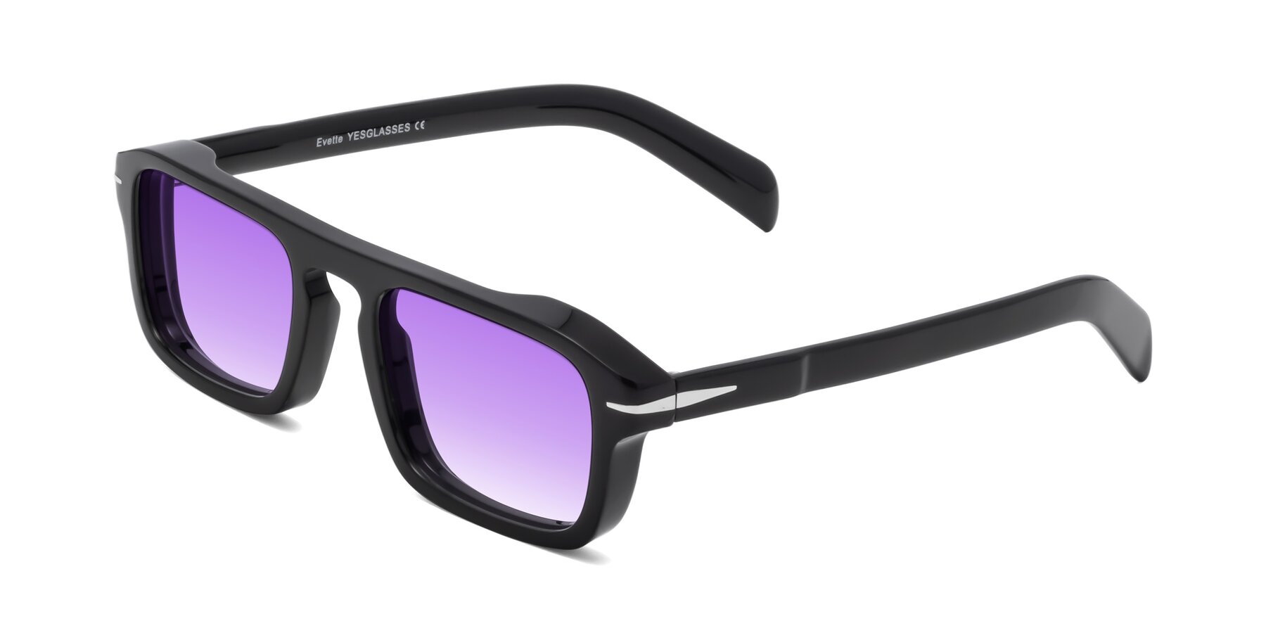 Angle of Evette in Black with Purple Gradient Lenses