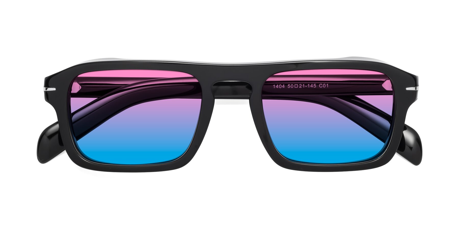 Folded Front of Evette in Black with Pink / Blue Gradient Lenses