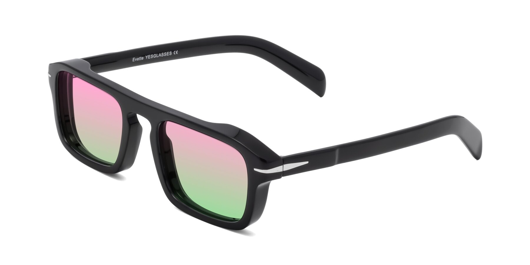 Angle of Evette in Black with Pink / Green Gradient Lenses