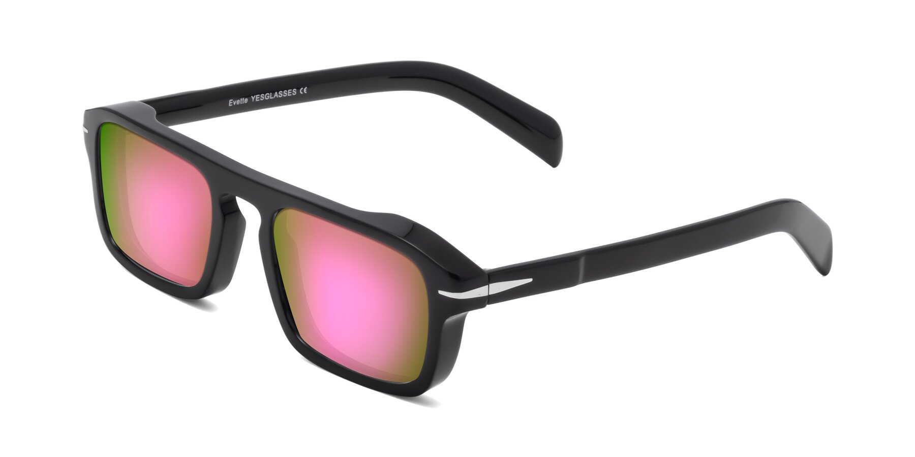 Angle of Evette in Black with Pink Mirrored Lenses