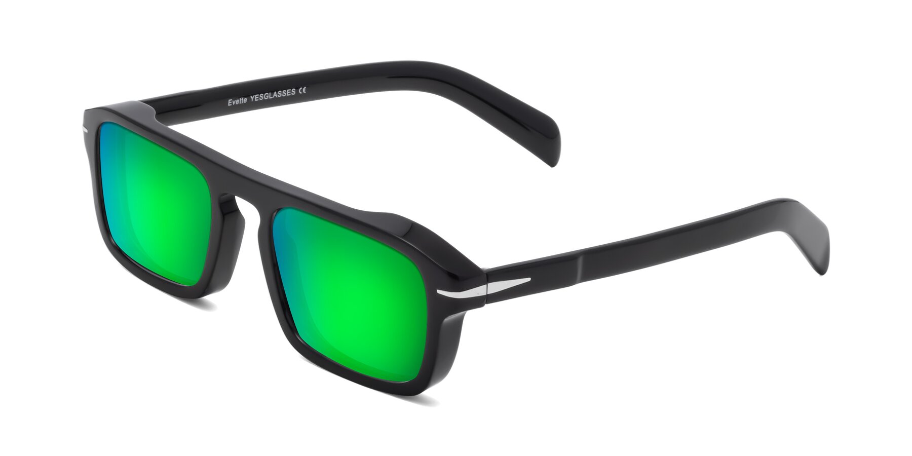 Angle of Evette in Black with Green Mirrored Lenses