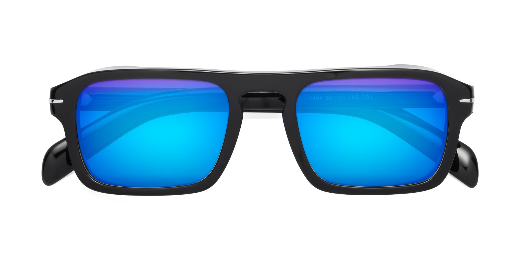Folded Front of Evette in Black with Blue Mirrored Lenses