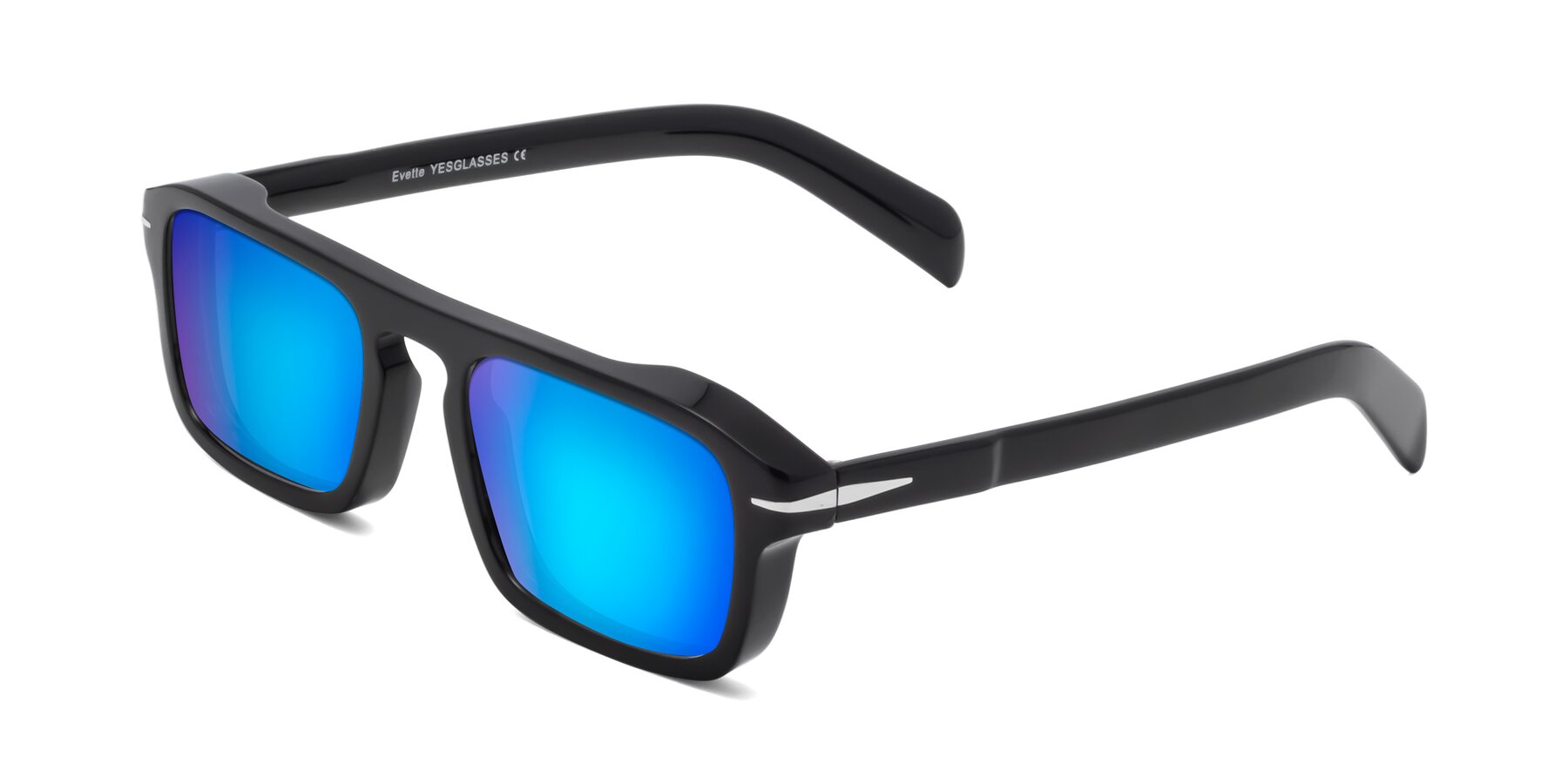 Angle of Evette in Black with Blue Mirrored Lenses